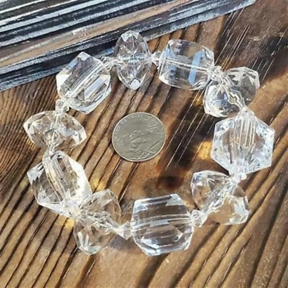 Handcrafted Clear Vintage Faceted Lucite Beads Chunky Stretch Bracelet